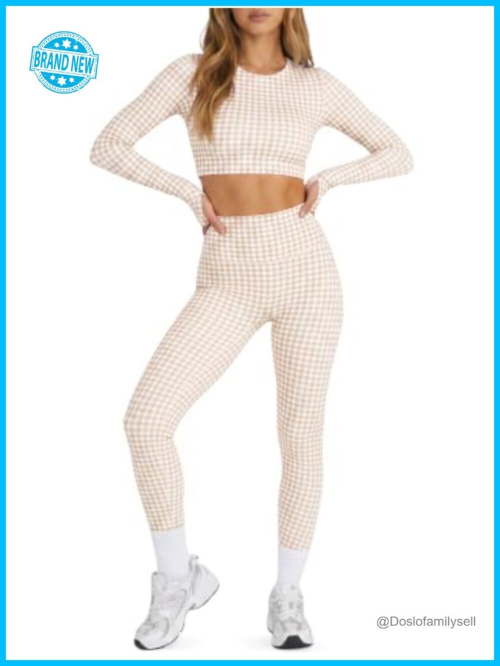 Women 2 Piece Workout Set Crop Top Leggings Polyamide Elastane Gingham